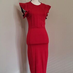 Felicity & Coco Red Ruffled Sleeve Midi Sheath Dress - Size S